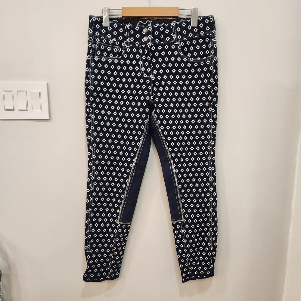 Goode Rider Full Seat Breaches Size 32R Blue Diamond All Over Print Stretch